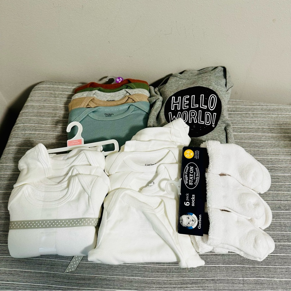 NWT Newborn 0-3 Lot Onesies Clothing Socks Bundle Baby Shower, 19 Pieces Total